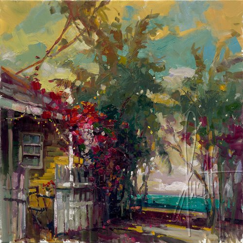 Steven Quartly Island Glow 24 x 24 in Hand Embellished Limited Edition Giclee on Canvas, 